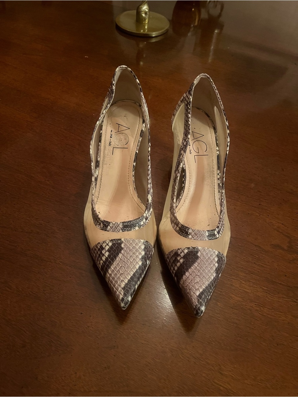 AGL Beige and Brown Snake-Print Pointed Toe Pumps
